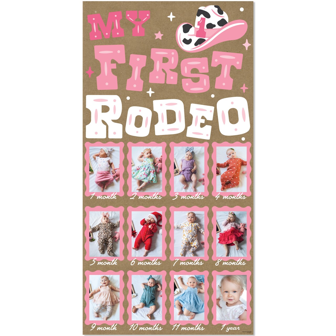 Big Dot of Happiness Pink First Rodeo Kraft Photo Banner, 1-12 Month Brown Paper Photo Display Timeline 4x6 Pictures, Cowgirl 1st Birthday – 1 Ct